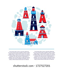 Vector Ligthouses collection made in circle and text. Colorful lighthouse isolated on white background. Handdrawn slyle illustration