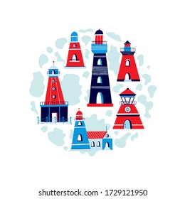 Vector Ligthouses collection made in circle. Colorful lighthouse isolated on white background. Handdrawn slyle illustration