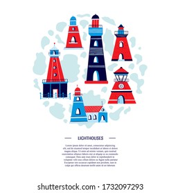 Vector Ligthouses collection made in circle and text. Colorful lighthouse isolated on white background. Handdrawn slyle illustration