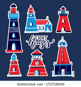 Vector Ligthouses sticker collection. Colorful lighthouse isolated on white background. Handdrawn slyle illustration