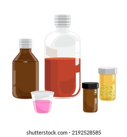 Botella de medicina líquida vectorial y pastillas.