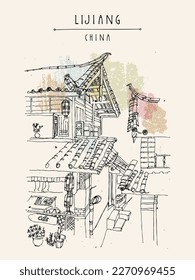 Vector Lijiang, China postcard. Traditional style brick tile roofs wooden houses in Lijiang, Yunnan, China. rooftop made of curved stone tiles. Artistic hand drawn travel sketch. Vintage travel poster