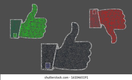 Vector Like and Diz Like icons. In green, red and blue. Business like in the style of String art.