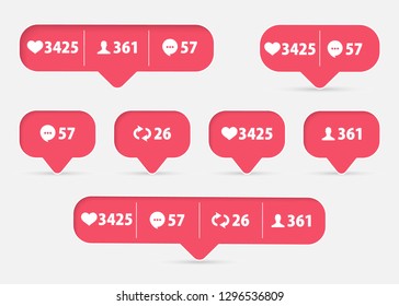 Vector Like, Follower, Comment Icon Set. Flat design rating icons. Social media set notifications icons: like, follower, comment. Vector illustration