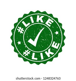 Vector #Like grunge stamp seal with tick inside. Green #Like mark with draft surface. Round rubber stamp imprint.