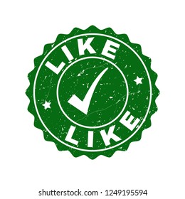 Vector Like grunge stamp seal with tick inside. Green Like watermark with grunge style. Round rubber stamp imprint.