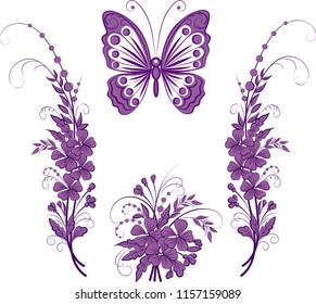 Vector lilac floral pattern and butterfly as design element.
