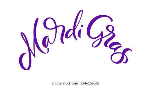 Vector lilac lettering text for Mardi Gras carnival, filigree calligraphic font with traditional symbol of mardi gras fleur de lis, elegant fancy logo with greeting slogan.