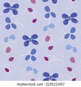 Vector lilac Rising Butterflies patrón sin fisuras. Mariposas dibujadas a mano levantándose de pétalos flojos frente a un fondo lila. Parte de la colección Blossoms and Butterflies.