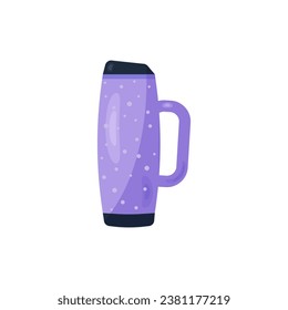 Vector lilac thermos, in cartoon flat style. Thermos with a handle for hiking, traveling, sports or fitness, walking. Illustration isolated on a white background, eps 10.