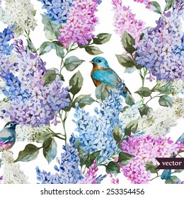 vector, lilac, watercolor, flowers, pattern, bird