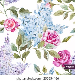 vector, lilac, watercolor, flowers, pattern, rose