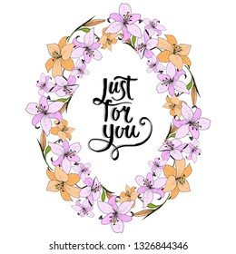 Vector Lily floral botanical flower. Wild spring leaf wildflower isolated. Engraved ink art on white background. Frame border ornament square.