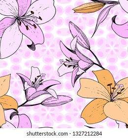 Vector Lily floral botanical flower. Wild spring leaf wildflower isolated. Engraved ink art. Seamless background pattern. Fabric wallpaper print texture.