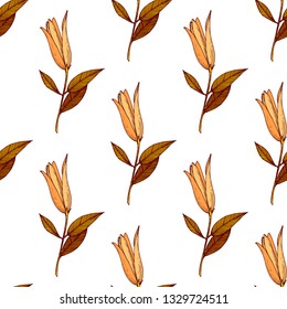 Vector Lily floral botanical flower. Wild spring leaf wildflower isolated. Engraved ink art. Seamless background pattern. Fabric wallpaper print texture.