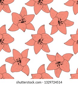 Vector Lily floral botanical flower. Wild spring leaf wildflower isolated. Engraved ink art. Seamless background pattern. Fabric wallpaper print texture.