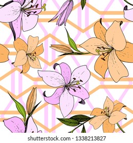 Vector Lily floral botanical flower. Wild spring leaf wildflower isolated. Engraved ink art. Seamless background pattern. Fabric wallpaper print texture.