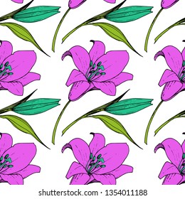 Vector Lily floral botanical flower. Wild spring leaf wildflower isolated. Engraved ink art. Seamless background pattern. Fabric wallpaper print texture.