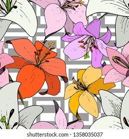 Vector Lily Floral botanical flower. Wild spring leaf wildflower isolated. Black and white engraved ink art. Seamless background pattern. Fabric wallpaper print texture.
