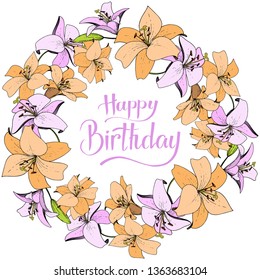 Vector Lily floral botanical flower. Wild spring leaf wildflower isolated. Engraved ink art on white background. Frame border ornament square.