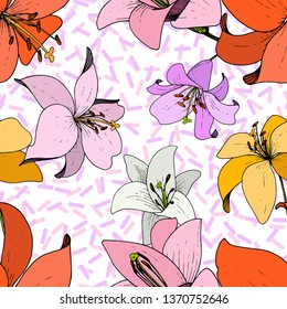 Vector Lily Floral botanical flower. Wild spring leaf wildflower isolated. Black and white engraved ink art. Seamless background pattern. Fabric wallpaper print texture.