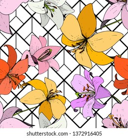 Vector Lily Floral botanical flower. Wild spring leaf wildflower isolated. Black and white engraved ink art. Seamless background pattern. Fabric wallpaper print texture.