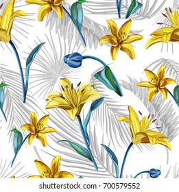 vector lily flower seamless pattern. realistic sketch hand drawn illustration. Floral blossoms blooming on the background of tropical leaves. Summer time, vacation symbol