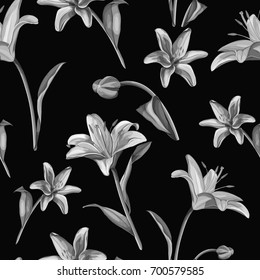 vector lily flower seamless pattern. realistic sketch hand drawn illustration. Floral blossoms blooming on black background. Summer time, vacation symbol, monochrome colored