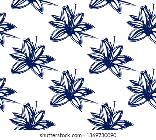 Vector Lily flowers seamless patern. Hand drawn ink illustration. Wallpaper or fabric design.