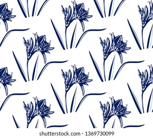 Vector Lily flowers seamless patern. Hand drawn ink illustration. Wallpaper or fabric design.