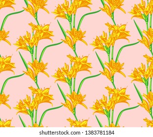 Vector Lily flowers seamless patern. Hand drawn ink illustration. Wallpaper or fabric design.