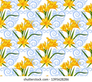 Vector Lily flowers seamless patern. Hand drawn ink illustration. Wallpaper or fabric design.