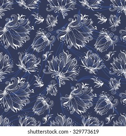 Vector Lily Outline Pattern | Seamless floral texture with white lotus flowers on indigo blue background