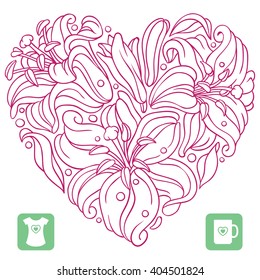 Vector lily pattern in the shape of heart isolated on white background