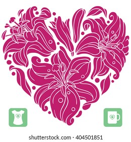 Padrão de lírio vetorial na forma de coração isolado em fundo branco