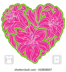 Vector lily pattern in the shape of heart isolated on white background