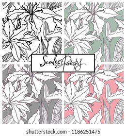 Vector lily seamless pattern set. Beautiful floral composition with blossom flowers and leaves in pastel tones. Perfectly for wrapping paper, bed linen, bed clothes, wall, fabric, textile.