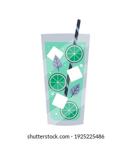 Vector lime drink with ice in a flat style.