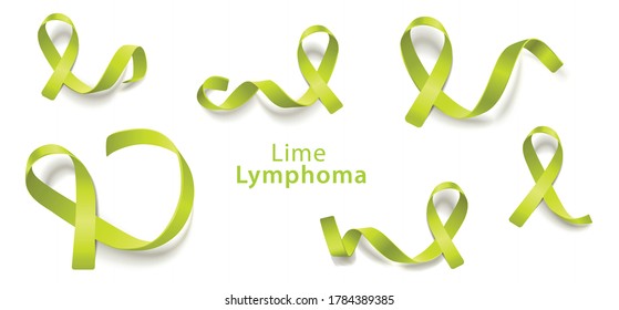 Vector Lime Green Ribbon Lymphoma Immune Cancer Awareness Symbol Set. International Health Care Campaign Concept. Lymphoma Prevention Support And Hope. Uncurable Immune Disease Treatment Design.