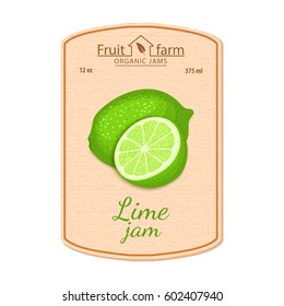 Vector lime jam lable. Composition of tropical green lemon fruits. Design of a sticker for a jar with lime jam, fruit marmalade, juice, smoothies. Sticker in a retro style with texture for your design