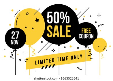 Vector limited time sale illustration with yellow and black air balloon on white background with ribbon and text. Seasonal special offer celebrate design for sale banner, grand opening, party flyer 