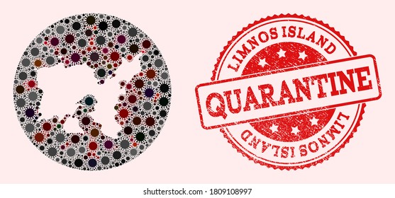 Vector Limnos Island map collage of covid-2019 virus and red grunge quarantine seal. Infection cells around the quarantine territory from out space.