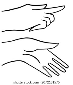 Vector linar hands, pointing finger and open palm. Vector line illustration isolated on white and black