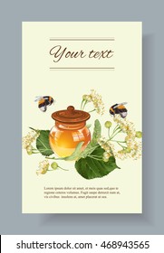 Vector linden honey banner with bumblebees. Design for herbal tea, natural cosmetics, honey, health care products, homeopathy, aromatherapy. With place for text