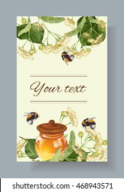 Vector linden honey banner with bumblebees. Design for herbal tea, natural cosmetics, honey, health care products, homeopathy, aromatherapy. With place for text