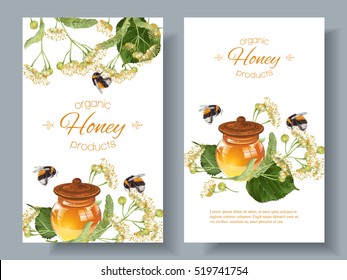 Carteles de miel con abejorros. Diseño para el té de hierbas, cosméticos naturales, miel, productos de salud, homeopatía, aromaterapia. Con lugar para texto