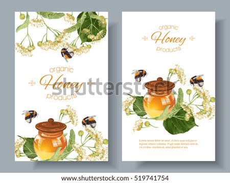 Vector linden honey banners with bumblebees. Design for herbal tea, natural cosmetics, honey, health care products, homeopathy, aromatherapy. With place for text