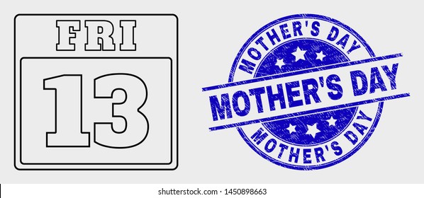 Vector line 13 friday calendar page pictogram and Mother'S Day watermark. Blue round scratched watermark with Mother'S Day caption. Black isolated 13 friday calendar page pictogram in linear style.