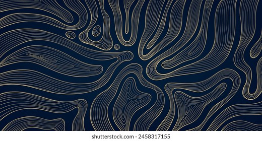 Vector line abstract wave pattern, organic texture map, topography modern graphic. Geometric art shapes, curve digital illustration. Gold on dark blue banner