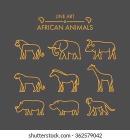 Vector Line African Animals Icon Set. Linear Figure Lion, Cheetah, Leopard, Elephant, Buffalo And Giraffe.